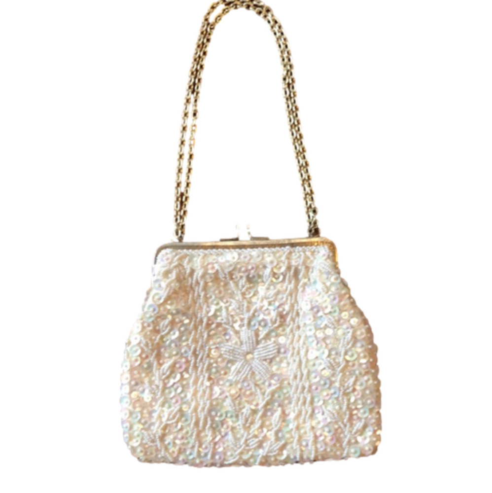 Vintage 50’s Ivory/white beaded sequence evening bag w/gold chain strap